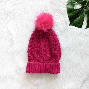 NWOT Bright pink knit beanie with furry pom pom